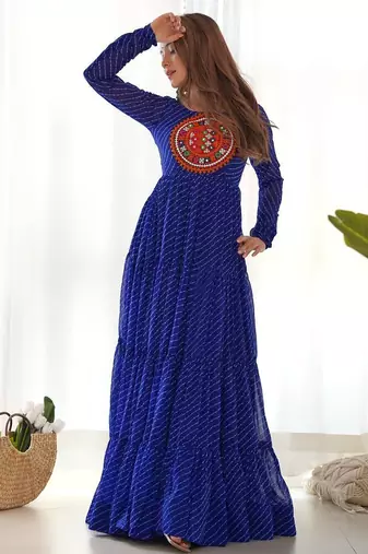 Royal blue color lehariya printed faux georgette stitched long anarkali gown