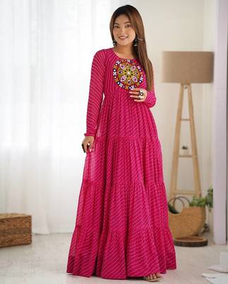 Pink color lehariya printed faux georgette stitched long anarkali gown 3
