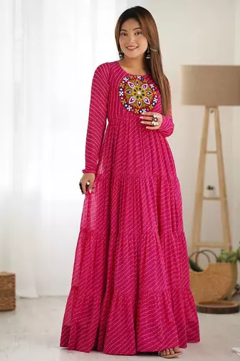 Pink color lehariya printed faux georgette stitched long anarkali gown