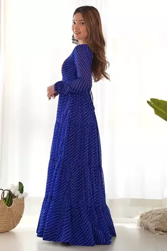 Royal blue color lehariya printed faux georgette stitched long anarkali gown