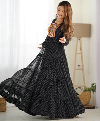Black color lehariya printed faux georgette stitched long anarkali gown 1