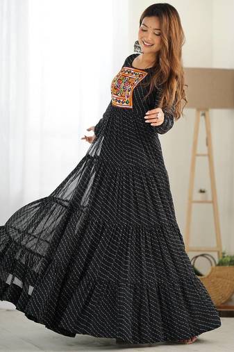 Black color lehariya printed faux georgette stitched long anarkali gown