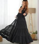 Black color lehariya printed faux georgette stitched long anarkali gown