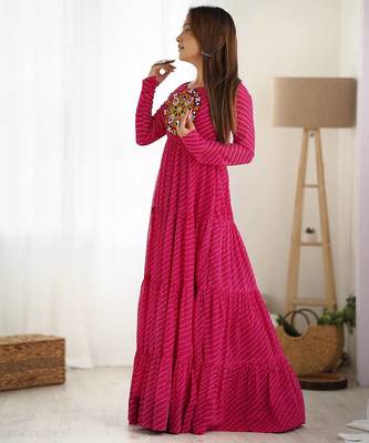Pink color lehariya printed faux georgette stitched long anarkali gown 4