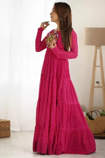 Pink color lehariya printed faux georgette stitched long anarkali gown