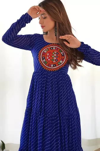 Royal blue color lehariya printed faux georgette stitched long anarkali gown