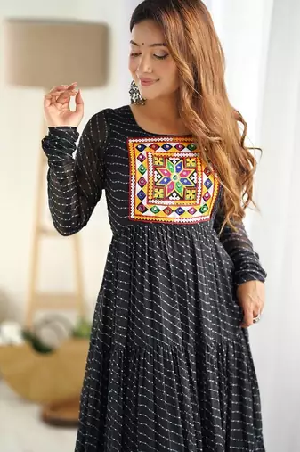 Black color lehariya printed faux georgette stitched long anarkali gown
