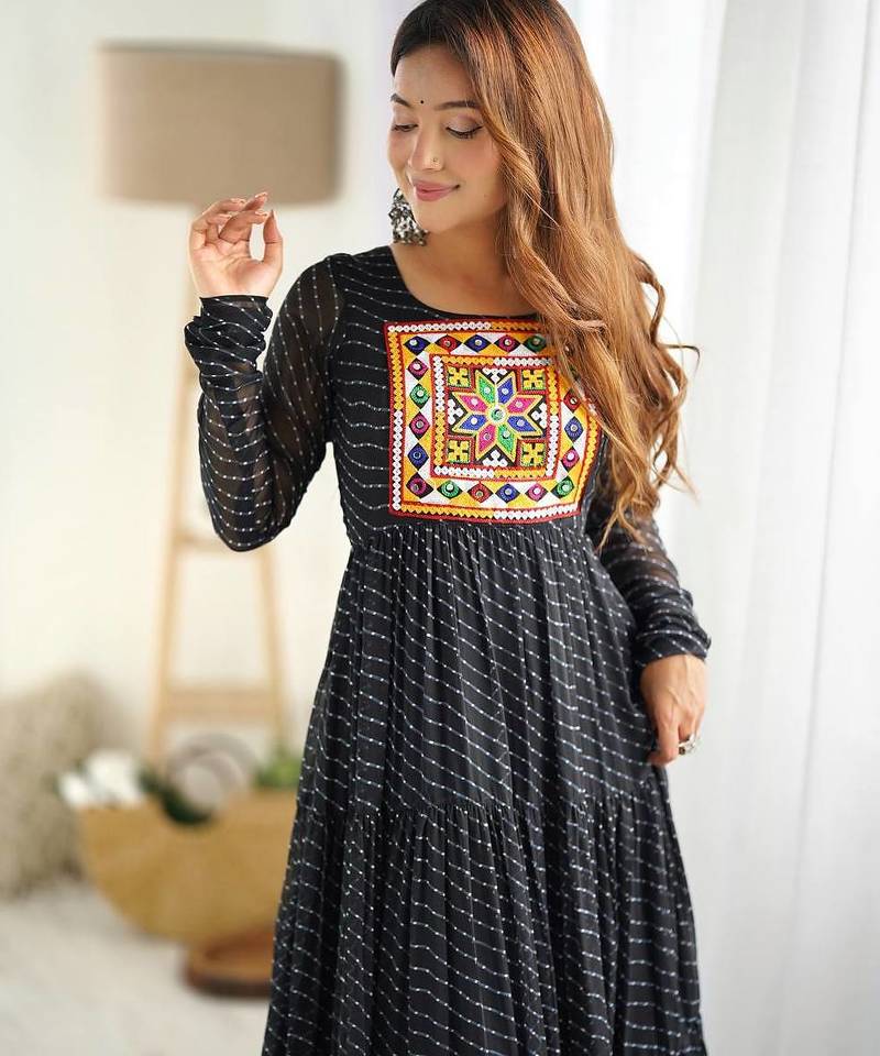 Black color lehariya printed faux georgette stitched long anarkali gown