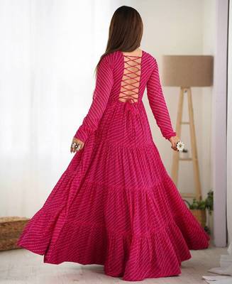 Pink color lehariya printed faux georgette stitched long anarkali gown 5