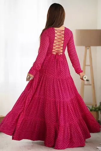 Pink color lehariya printed faux georgette stitched long anarkali gown