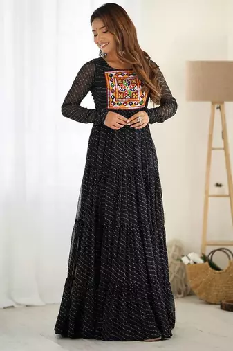 Black color lehariya printed faux georgette stitched long anarkali gown