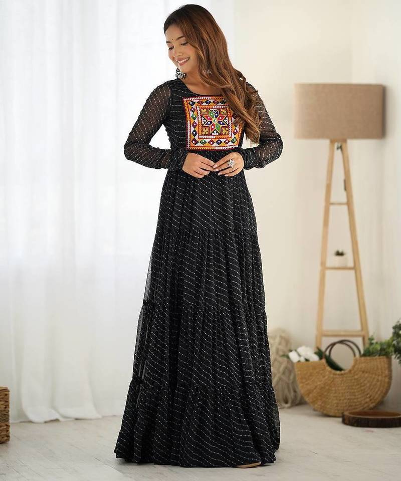 Black color lehariya printed faux georgette stitched long anarkali gown