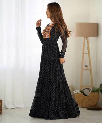 Black color lehariya printed faux georgette stitched long anarkali gown 4