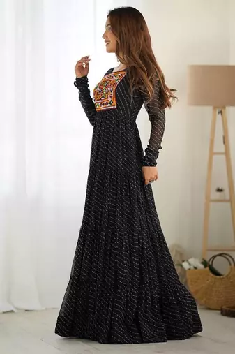 Black color lehariya printed faux georgette stitched long anarkali gown