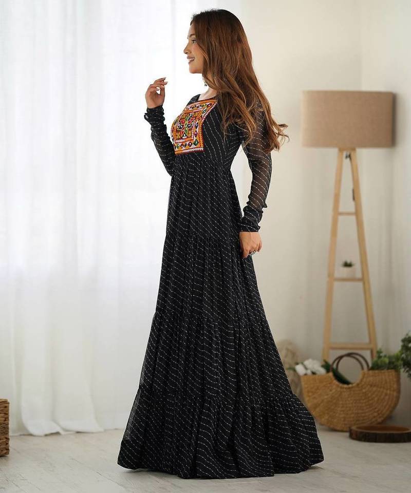 Black color lehariya printed faux georgette stitched long anarkali gown