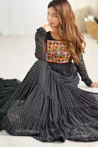 Black color lehariya printed faux georgette stitched long anarkali gown