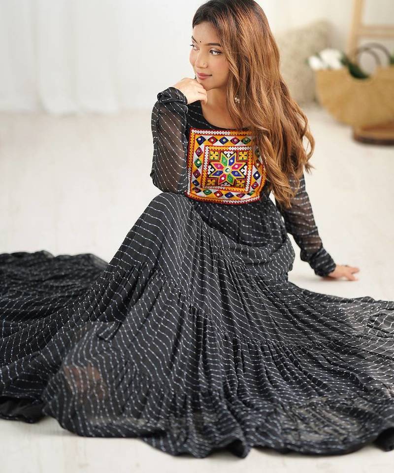 Black color lehariya printed faux georgette stitched long anarkali gown