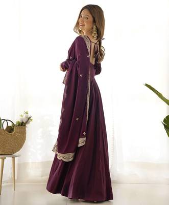 Wine solid roman silk blend chanderi stitched anarkali set 3