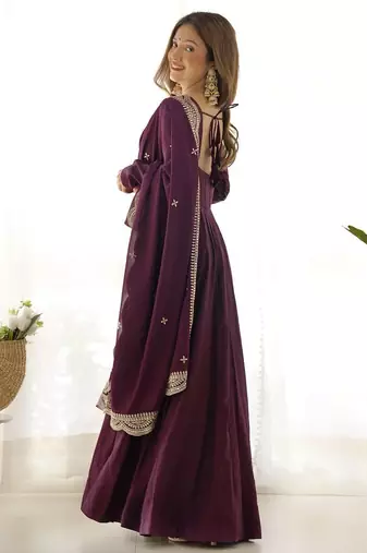 Wine solid roman silk blend chanderi stitched anarkali set