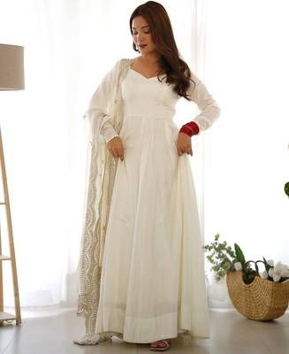 White color solid roman silk blend chanderi stitched anarkali set 1