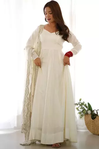 White color solid roman silk chanderi stitched anarkali set