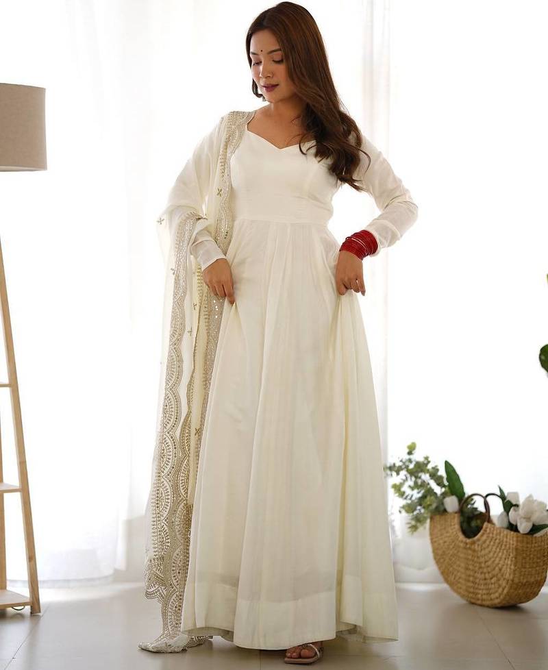 White color solid roman silk chanderi stitched anarkali set