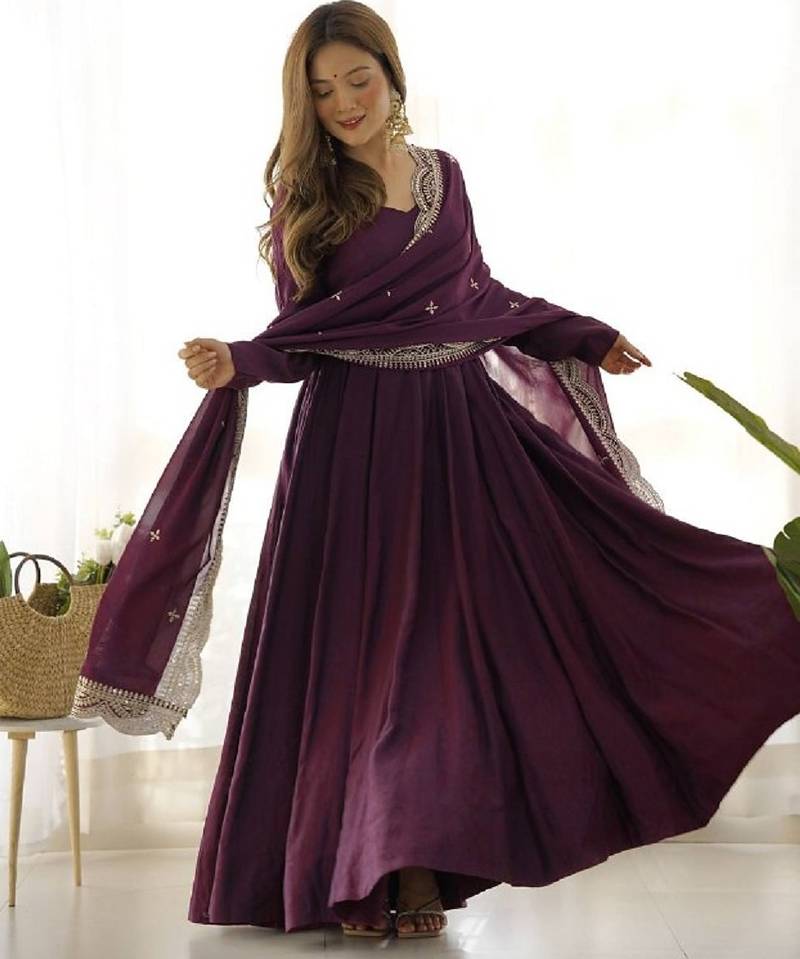 Wine color solid roman silk chanderi stitched anarkali set
