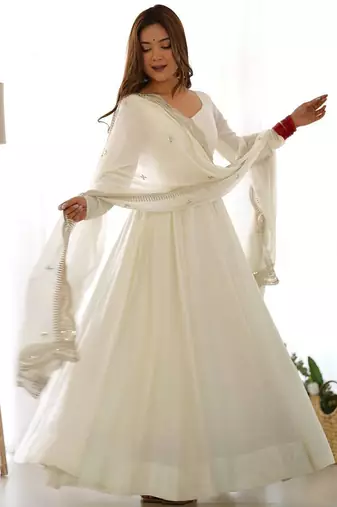 White color solid roman silk blend chanderi stitched anarkali set