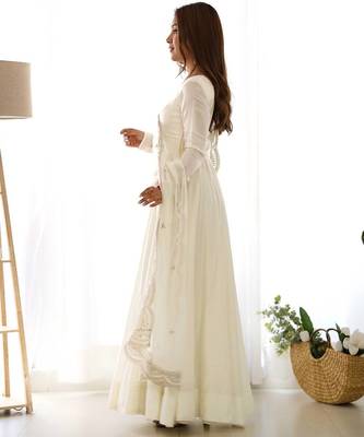 White color solid roman silk blend chanderi stitched anarkali set 3