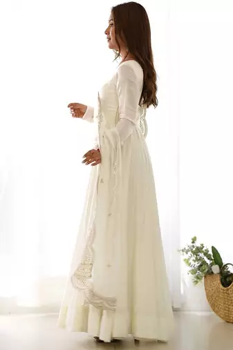 White color solid roman silk blend chanderi stitched anarkali set