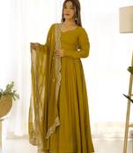 Musturd color solid roman silk chanderi stitched anarkali set