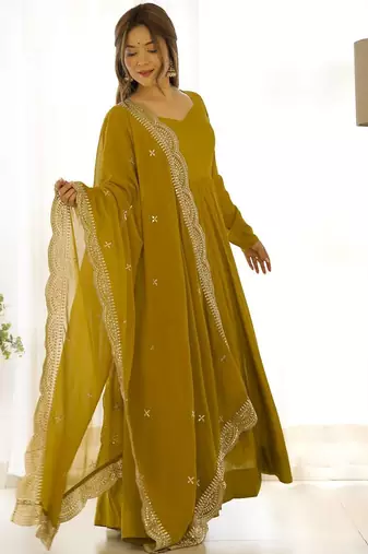 Musturd color solid roman silk blend chanderi stitched anarkali set