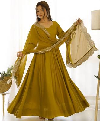 Musturd color solid roman silk blend chanderi stitched anarkali set 3