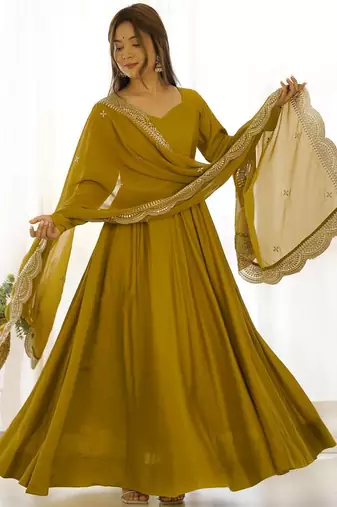 Musturd color solid roman silk blend chanderi stitched anarkali set