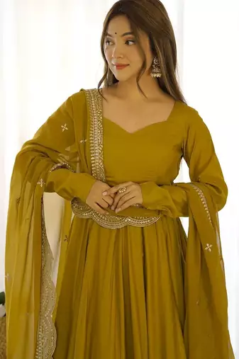 Musturd color solid roman silk blend chanderi stitched anarkali set
