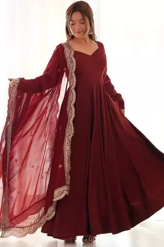 Maroon color solid roman silk chanderi stitched anarkali set
