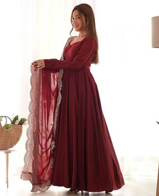 Maroon color solid roman silk blend chanderi stitched anarkali set 2