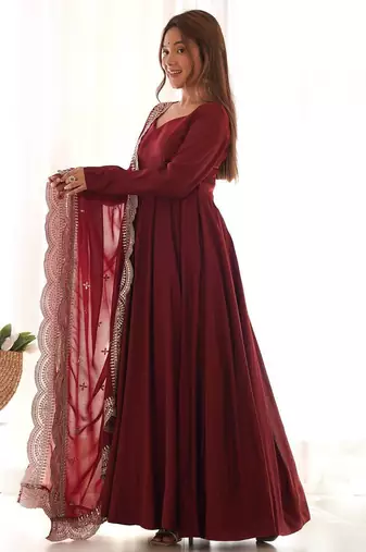 Maroon color solid roman silk blend chanderi stitched anarkali set