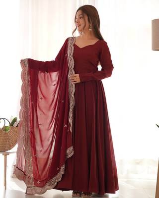 Maroon color solid roman silk blend chanderi stitched anarkali set 3