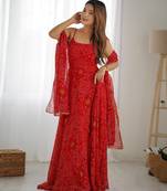 Red color bandhej printed lightweight chiffon stitched anarkali set