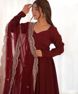 Maroon color solid roman silk blend chanderi stitched anarkali set 5