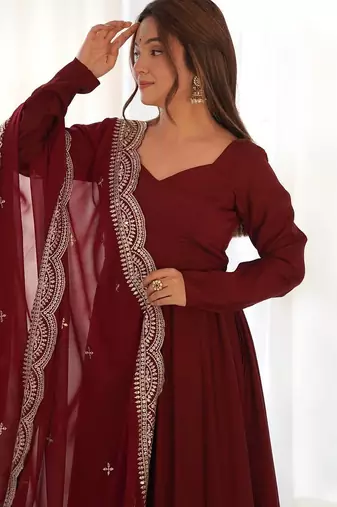 Maroon color solid roman silk blend chanderi stitched anarkali set