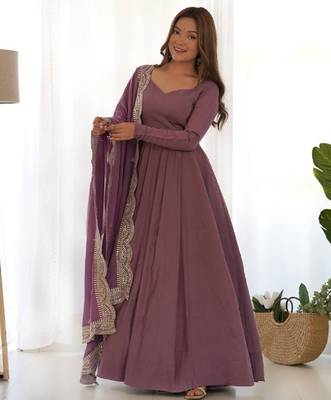 Mauve color solid roman silk blend chanderi stitched anarkali set 1
