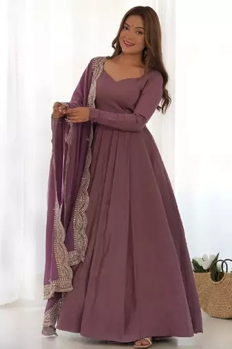 Mauve color solid roman silk chanderi stitched anarkali set