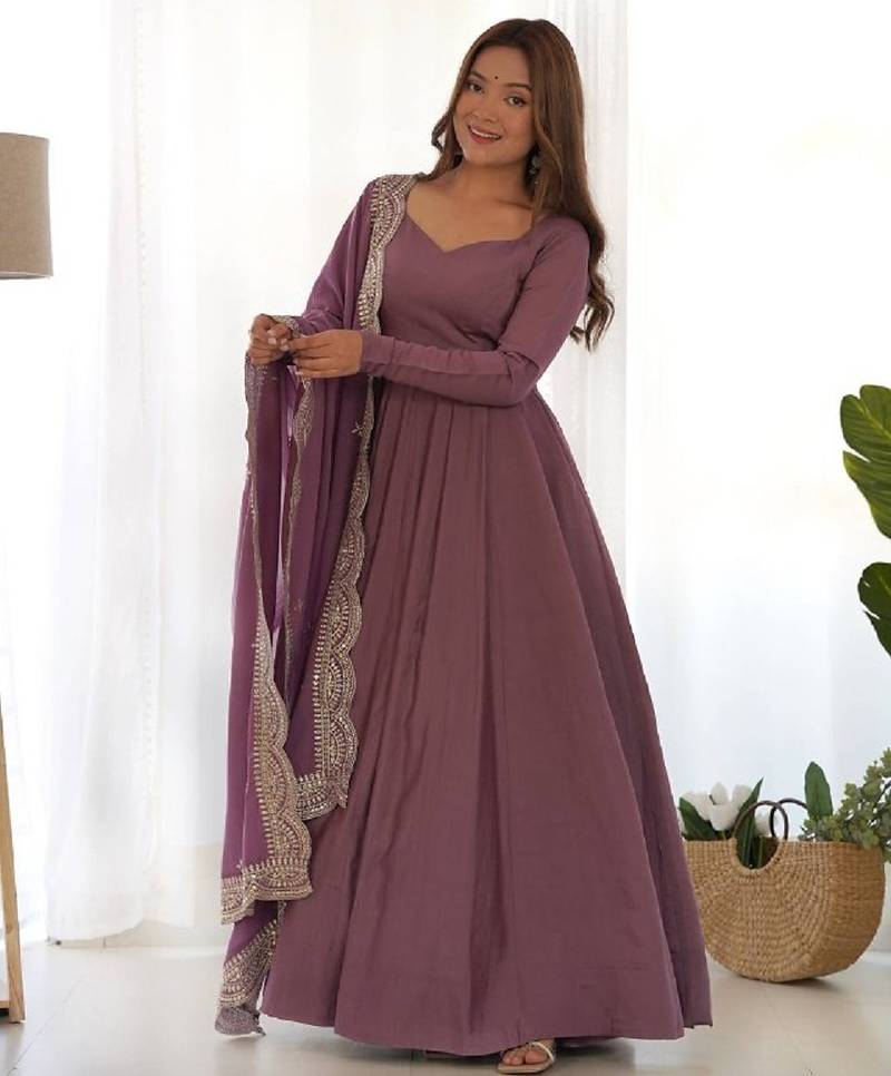 Mauve color solid roman silk chanderi stitched anarkali set