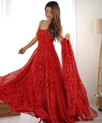 Red bandhej printed lightweight chiffon stitched anarkali set 2