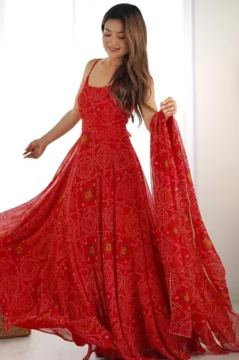 Red bandhej printed lightweight chiffon stitched anarkali set