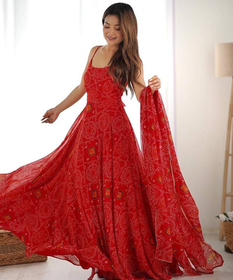 Red color bandhej printed lightweight chiffon stitched anarkali set