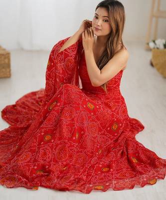 Red bandhej printed lightweight chiffon stitched anarkali set 3