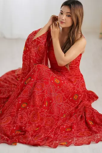 Red bandhej printed lightweight chiffon stitched anarkali set